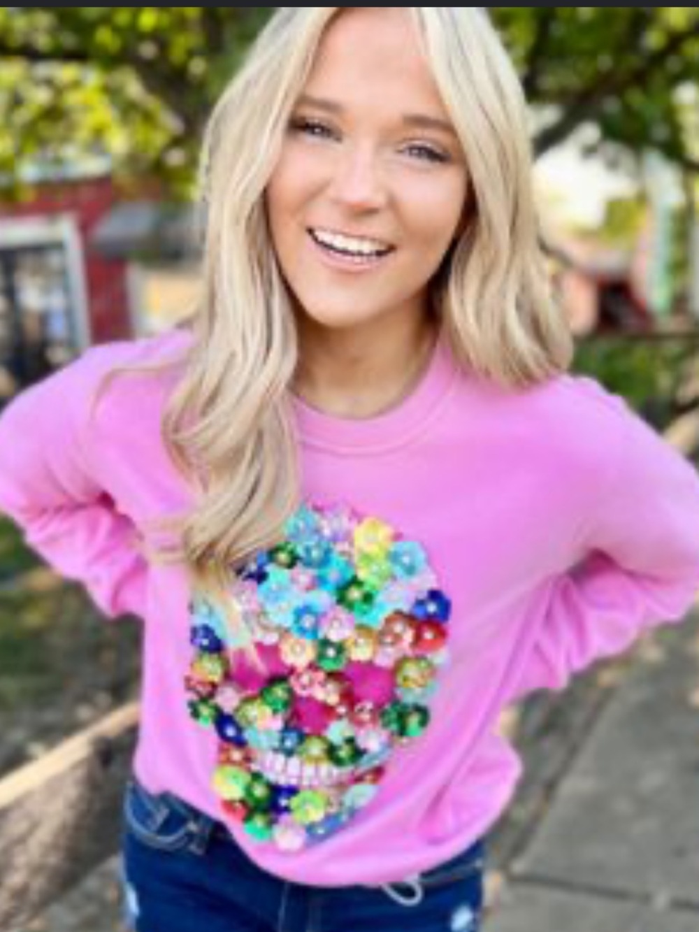 Queen of Sparkles Pink 3D Floral Sequin Skull Sweatshirt